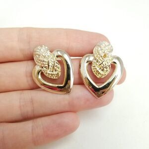 Vintage Heart Shaped Stud Earrings, Silver Tone Braided Rope Design Retro Estate